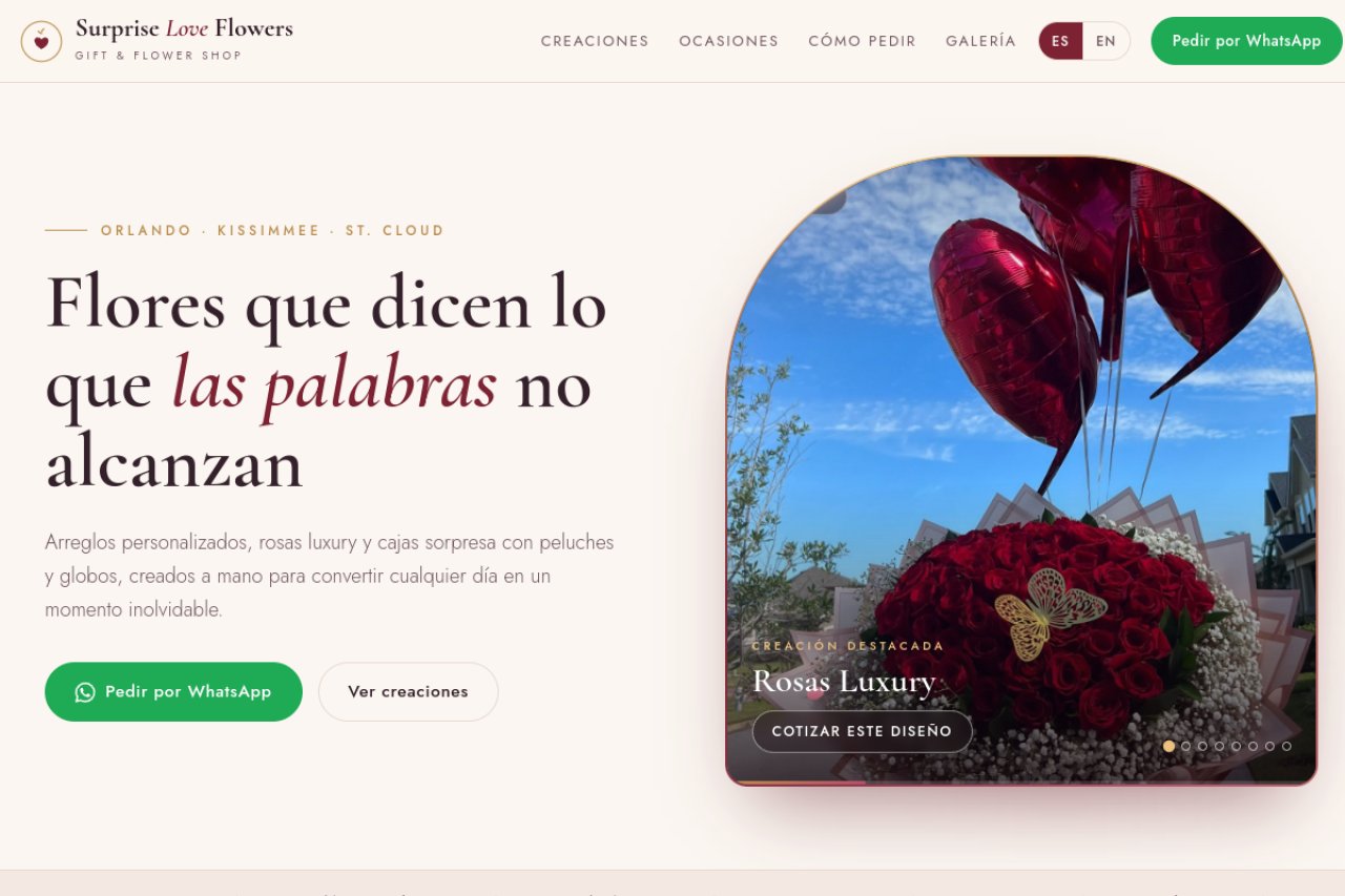 Página de Surprise Love Flowers: titular «Flores que dicen lo que las palabras no alcanzan» y carrusel de creaciones. En pantallas pequeñas se muestra la versión de teléfono de la misma página.